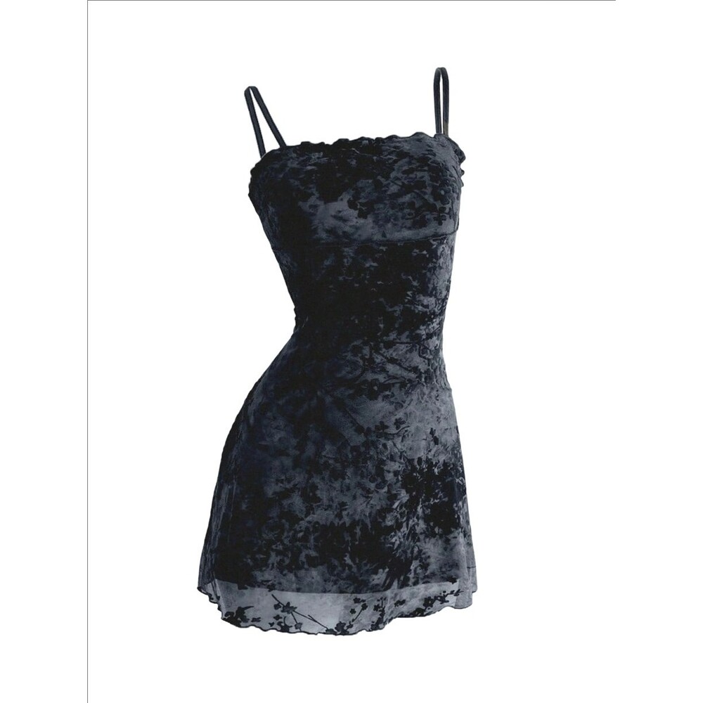 Women Flocked Retro Camisole Lace Floral Velvet Goth Mini Boho Whimsigoth Dress